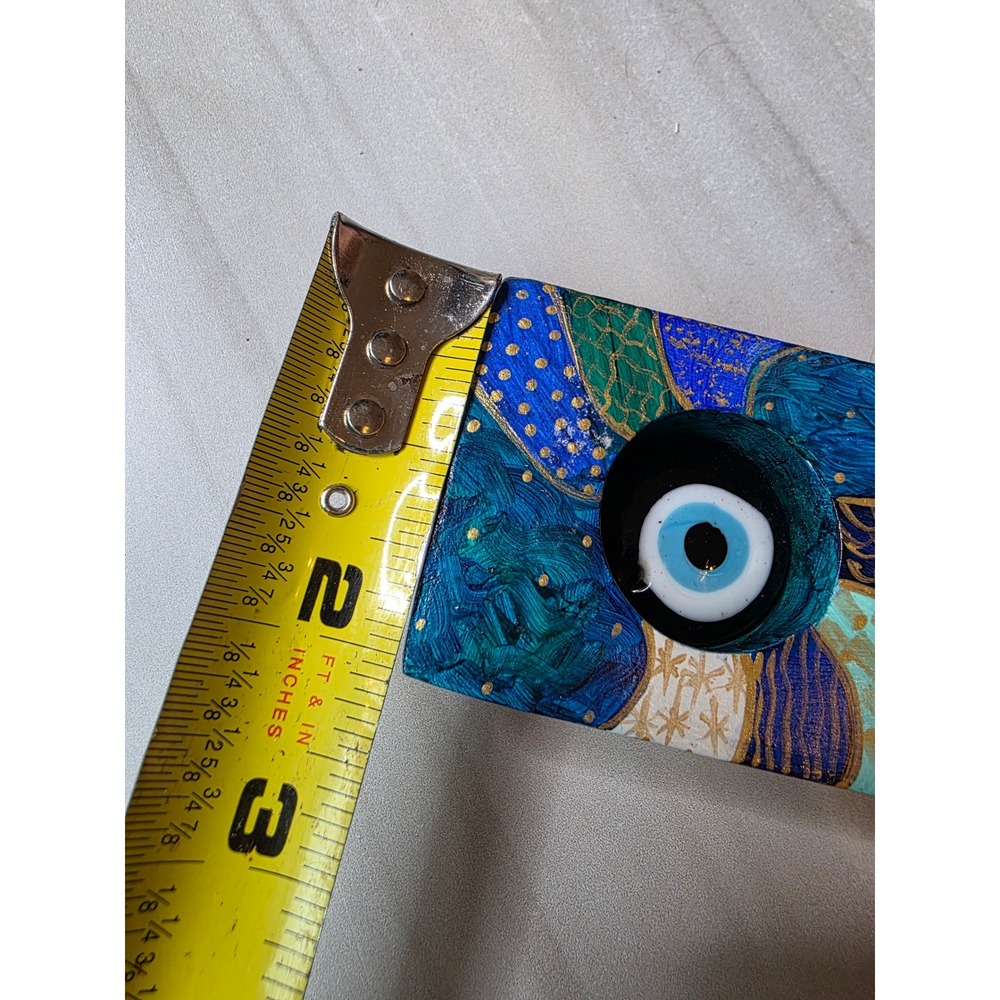 Hand Painted Wooden Evil Eye Nazar Decor Blue Gold Abstract Signed Art Block F1 - Picture 7 of 16